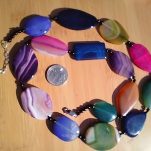 AIL Aluma Multicolor Agate Stone Slab 925 Sterling Silver Clasp-32”L Neckla